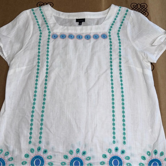TALBOTS Linen Blend Embroidered Square Neck Top In White/Blue - Picture 5 of 16